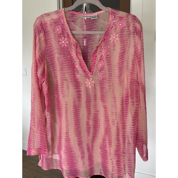 Fashion Bug Size 14/16 Pink Embroidered Semi‎ Sheer Women’s Blouse - Picture 1 of 7